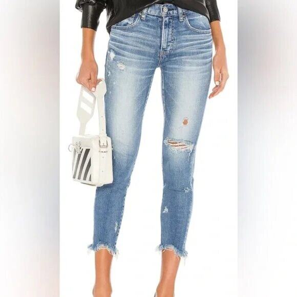 Moussy Vintage Glendele Distressed Skinny Jeans Cropped Raw Hem Light Blue Sz 24